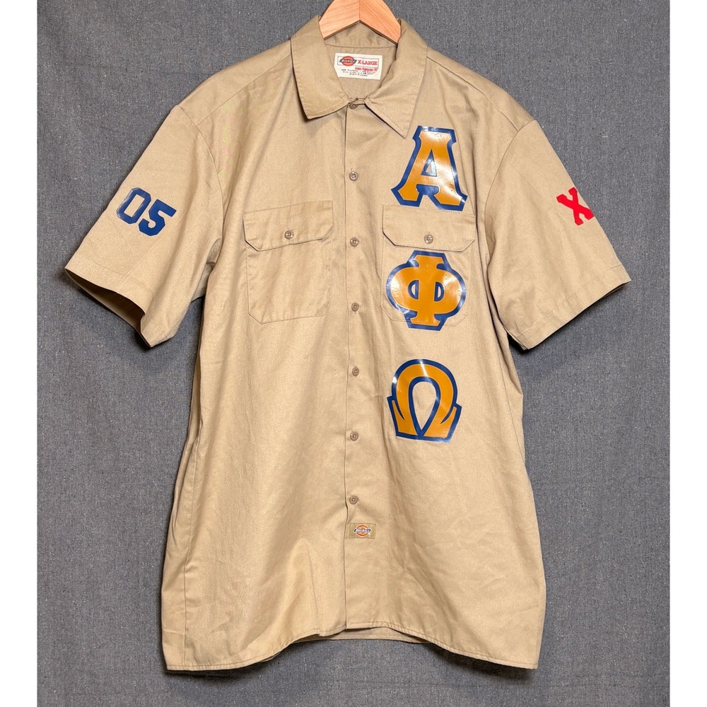 Dickies Mens XL Alpha Phi Omega Greek Fraternity Custom Work Shirt Khaki Tan